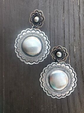Navajo Leander Tahe Sterling Silver Concho Drop Earrings